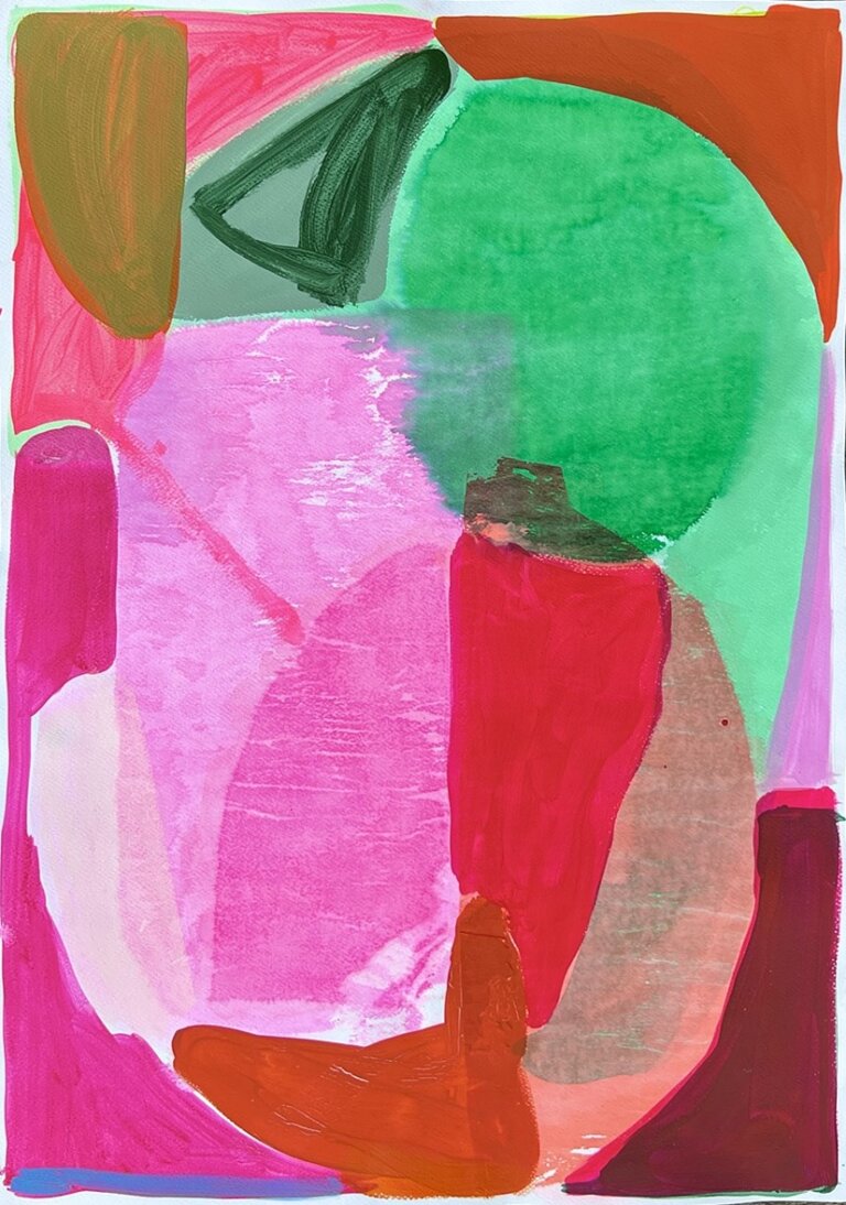 an abstract art piece made up of vaguely geometric shapes in bright red, fuchsia, rust, mint, maroon, peach, olive, and lilac