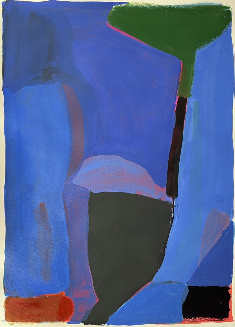 an abstract art piece made up of vaguely geometric shapes in cobalt, dark green, forest green, royal blue, black, and red