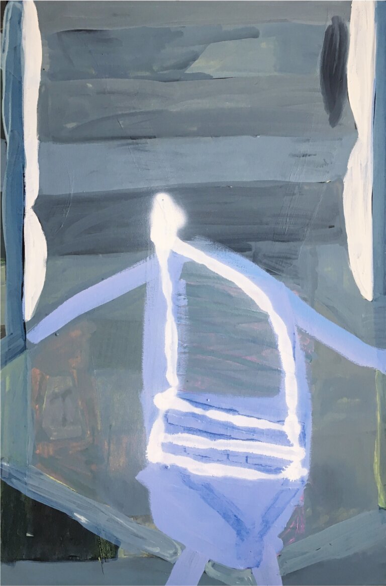 an abstract art piece made up of vaguely geometric shapes in gray, slate, periwinkle, white, and charcoal. there is a humanoid figure in the center in periwinkle with white detailing