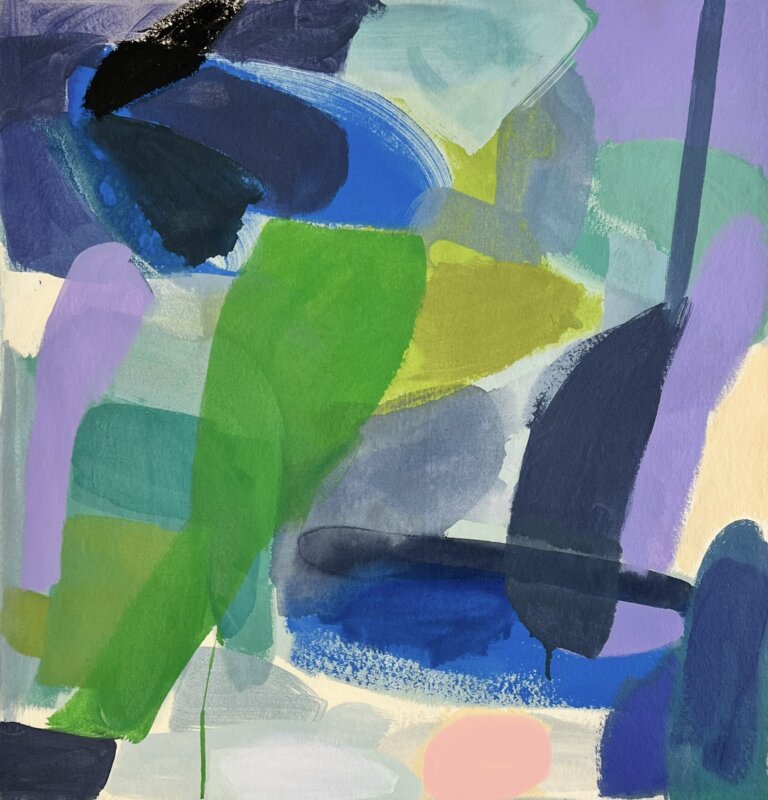 an abstract art piece made up of vaguely geometric shapes in cobalt, lilac, lime, navy, mint, peach, indigo, and violet