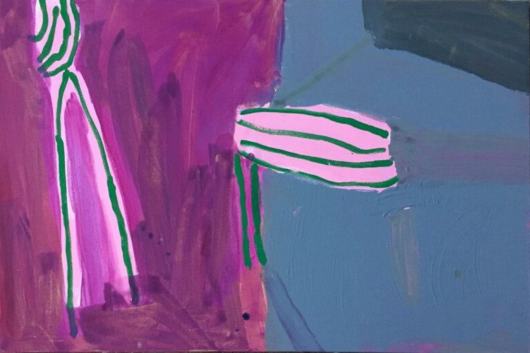 an abstract art piece made up of vaguely geometric shapes in magenta, lilac, slate, charcoal, and scarab green