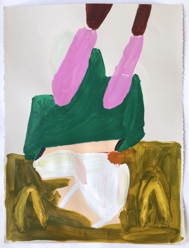 an abstract art piece made up of vaguely geometric shapes in olive, cream, pale peach, scarab green, magenta, and maroon. it looks like there is a small dog resting on an olive rug in front of a green chair. there are two leg-like shapes from the top center that look like they have pink shoes and maroon pants on