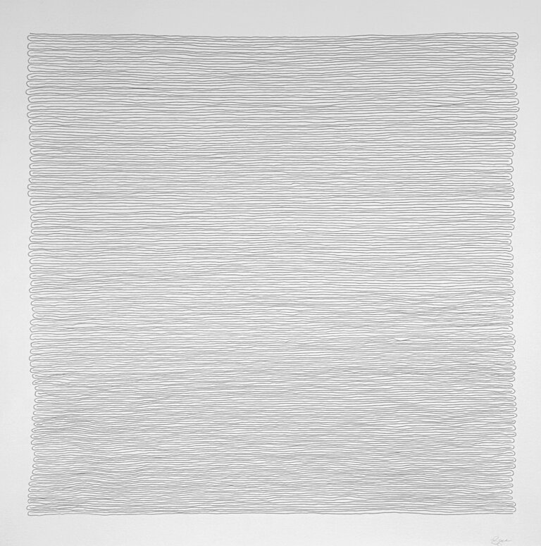 an abstract graphite drawing on paper. there are thin hairpin shaped lines that envelope each other horizontally that stack to create a square