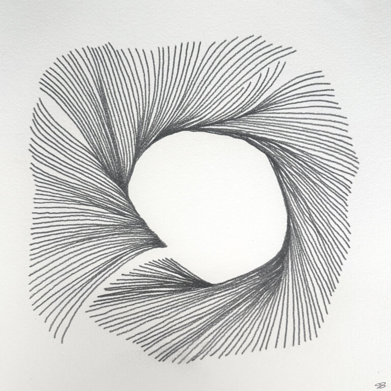an abstract graphite drawing on paper showing several wrapping lines that create a round shape with a hole in the middle.