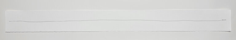 a long horizontal art piece of a thin graphite line with the word "receive" written in all capitals at the far right end