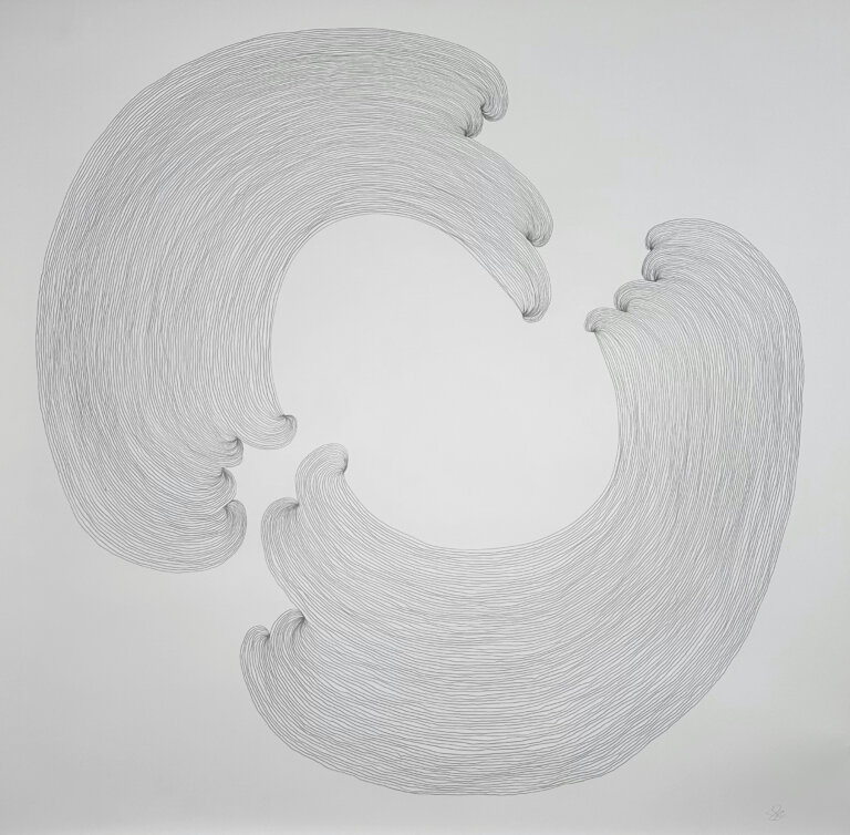 an abstract graphite drawing on paper of two curved shapes that face each other. the lines that make up the shapes are banding like magnetic field mapping.