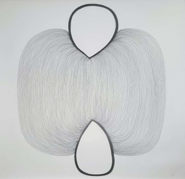 an abstract graphite drawing on paper showing a tear drop shape pointing upwards and another tear drop shape reflected vertically, pointing downwards. there are a multitude of lines stringing between the two shapes that create a shape like a magnetic field map