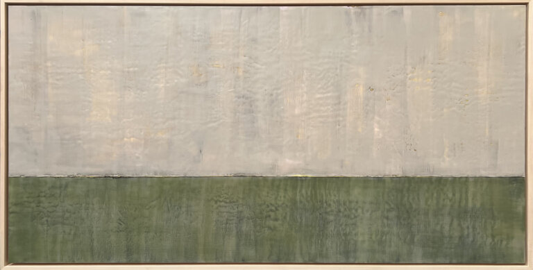 an abstract encaustic piece that is divided horizontally into two sections. the bottom section is an olive green, and the top is a cream color.