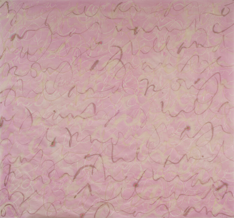 Mixed media on rice paper, endless loops and scrolls in pink and peach and mauve on a bubblegum pink background