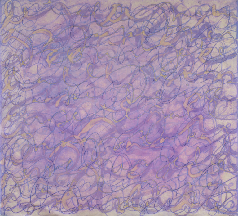 Mixed media on rice paper, endless loops and scrolls in violet and lilac and magenta on a soft lavender background