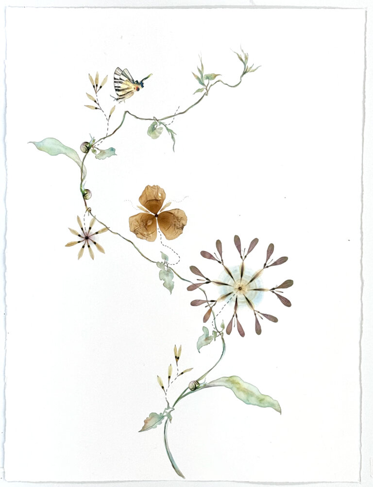 a botanical mixed media piece on paper. there is one stem that has several different flowers and leaves growing off of it. there is a sunburst flower with small dark sparse petals and a soft blue to yellow ombre center. there is a three-petaled gold flower. there are several small snails creeping along the leaves and stems. at the top, there is a yellow, black, and white swallowtail butterfly hovering near the top of the stem.