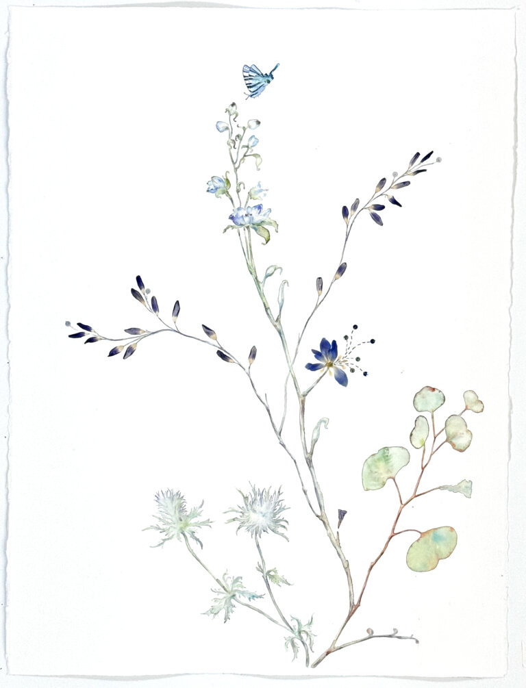 a botanical mixed media piece depicting a stem of different flowers and leaves. there are two fluffy white blossoms with spiky petals on the bottom left, a bright violet flower near the center, and a small stem of tiny pale blue blossoms near the top. at the top of the stem, there is a small blue and black striped swallowtail butterfly hovering. there are two stems of lavender-like blossoms on either side of the main stem