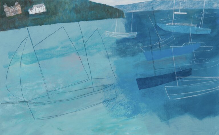 an abstract painting of multiple ships in a harbor by a strip of green land with two houses on top, one is white with a gray roof and the other is brown with white detailing. the ships are outlined in blue or white, with minimal detailing. the water is made of swashes of aqua and cyan and turquoise blue