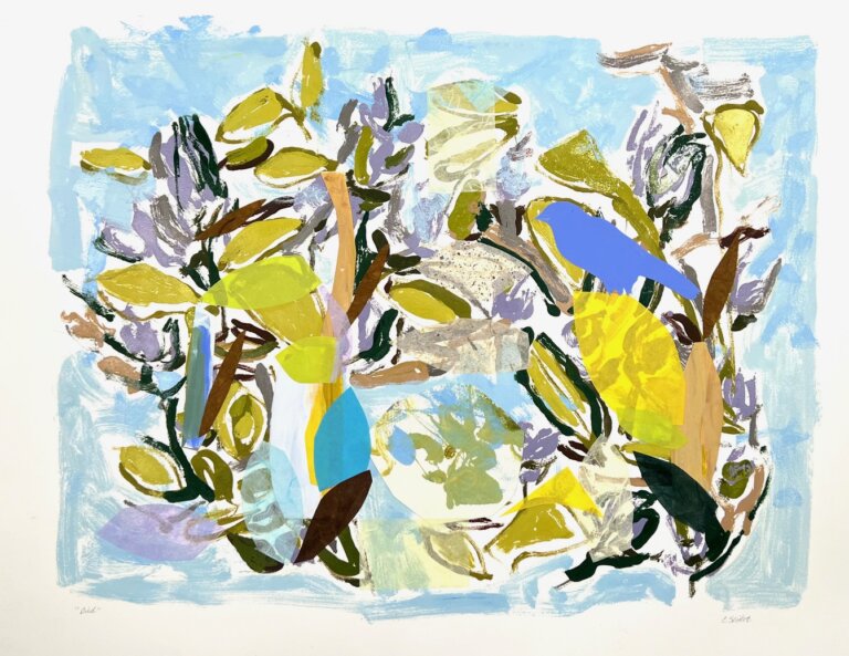 an abstract botanical piece with a light blue background. there are leaves and branches in the foreground in shades of tawny, olive, black, and lime. there is accents of lilac on the branches and leaves. there is a silhouette is periwinkle of a bird.
