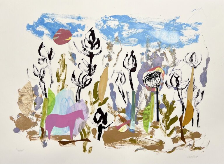 an abstract art piece against a white background of a landscape showing lots of black and brown trees and shrubs with periwinkle accents. there is a few sky blue brushstrokes that depict a cloudy sky, and a small mauve circle floats in the midst of the blue, representing the sun. there is a silhouette in pink of a horse standing among the foliage