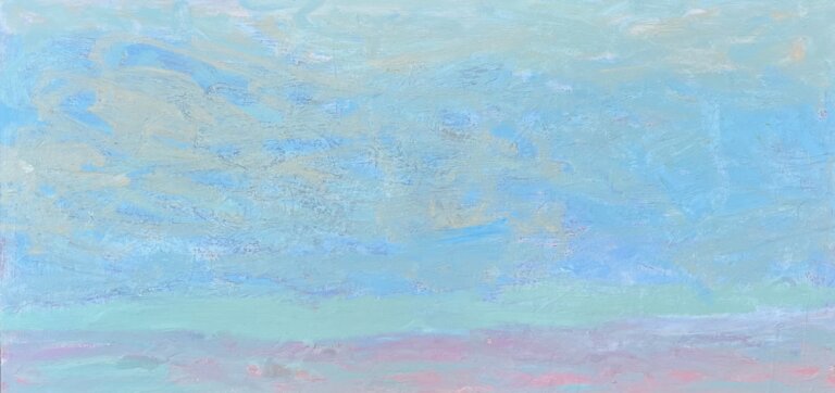 an abstract representation of a shoreline under a wide blue sky. there is a strip of shoreline under the sky in shades of pink, mint, and lilac. there is a strip along the horizon line of mint. the sky above is a hazy blue with cream colored clouds