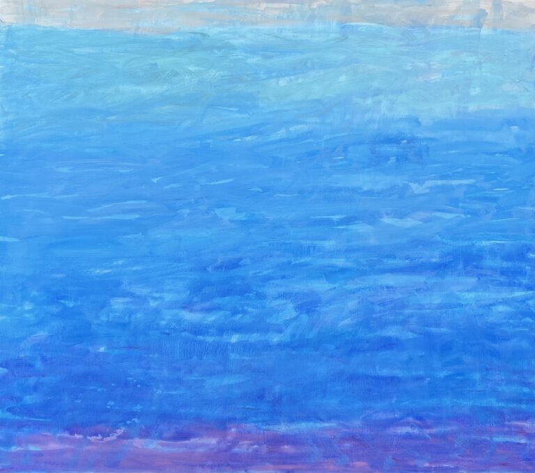 an abstract painting of water that looks like a gradient from violet at the bottom to a deep cobalt near the middle to a soft cerulean then a strip of pale gray at the top