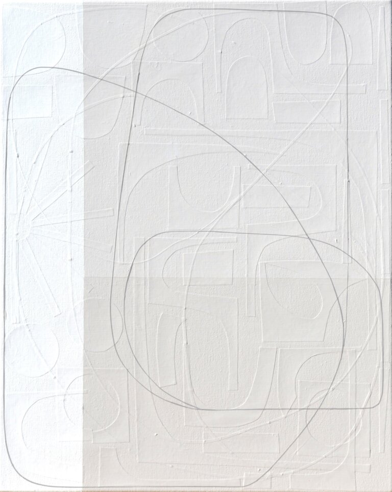 an abstract mixed media piece on canvas. the right two thirds of the piece are soft beige, and the left third is off-white. there is a thin line in dark gray that snakes its way across the piece. On the surface, this canvas appears as though it consists of lines that form abstract shapes, atop geometrically straight rectangles, all applied by the stroke of a paintbrush. However, as you step forward the lines of these shapes disconnect from the canvas and you notice each was placed on by hand: using hand-cut, extremely fine thin strips of paper masterfully layered upon the canvas. Moreover, once this realisation sets in, you suddenly become aware of an entirely new layer of texture. Different hand-cut shapes of paper adhere to the canvas before any painting takes place. Creating a degree of texture and depth to delightfully unexpected.
