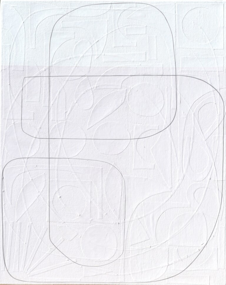 an abstract mixed media piece on canvas. the bottom 3/4 of the piece is a soft pink, almost white, and the top 1/4 is white. there is a thin line in gray that snakes its way across the piece. On the surface, this canvas appears as though it consists of lines that form abstract shapes, atop geometrically straight rectangles, all applied by the stroke of a paintbrush. However, as you step forward the lines of these shapes disconnect from the canvas and you notice each was placed on by hand: using hand-cut, extremely fine thin strips of paper masterfully layered upon the canvas. Moreover, once this realisation sets in, you suddenly become aware of an entirely new layer of texture. Different hand-cut shapes of paper adhere to the canvas before any painting takes place. Creating a degree of texture and depth to delightfully unexpected.