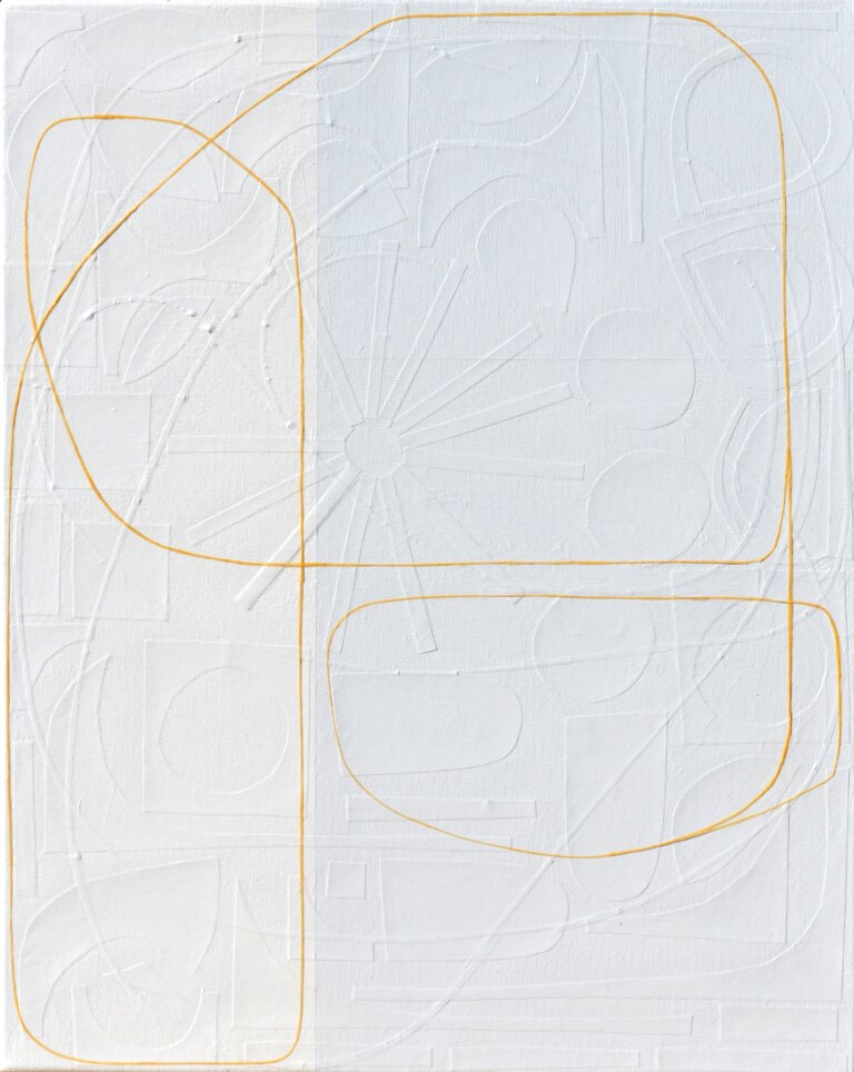 an abstract mixed media piece on canvas. the right 2/3 of the piece is a pale blue, almost white, and the left 1/3 is white. there is a thin line in tangerine that snakes its way across the piece. On the surface, this canvas appears as though it consists of lines that form abstract shapes, atop geometrically straight rectangles, all applied by the stroke of a paintbrush. However, as you step forward the lines of these shapes disconnect from the canvas and you notice each was placed on by hand: using hand-cut, extremely fine thin strips of paper masterfully layered upon the canvas. Moreover, once this realisation sets in, you suddenly become aware of an entirely new layer of texture. Different hand-cut shapes of paper adhere to the canvas before any painting takes place. Creating a degree of texture and depth to delightfully unexpected.