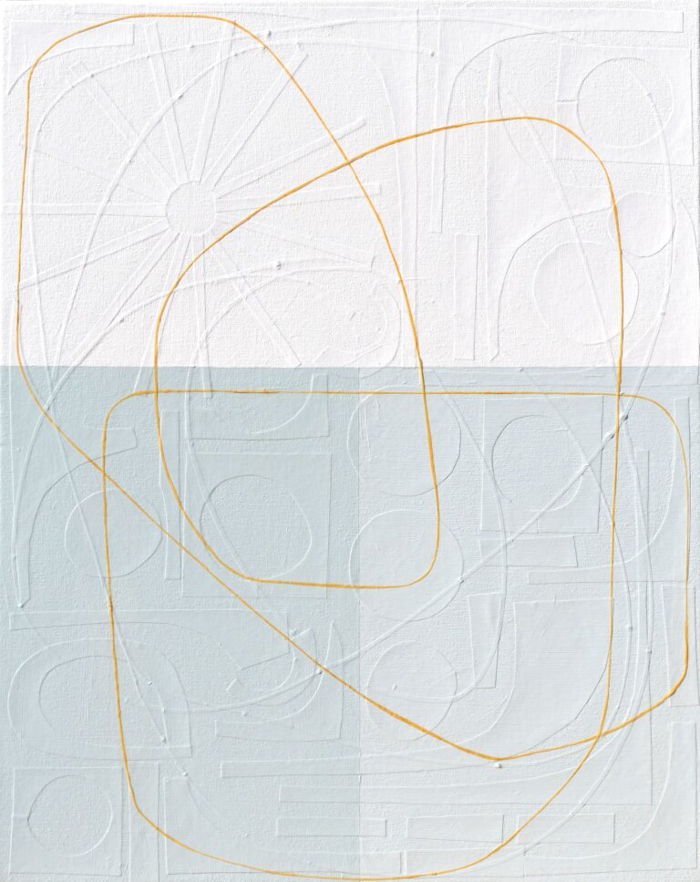 an abstract mixed media piece on canvas. the bottom half of the piece is a soft blue gray, and the top half is offwhite. there is a thin line in tangerine that snakes its way across the piece. On the surface, this canvas appears as though it consists of lines that form abstract shapes, atop geometrically straight rectangles, all applied by the stroke of a paintbrush. However, as you step forward the lines of these shapes disconnect from the canvas and you notice each was placed on by hand: using hand-cut, extremely fine thin strips of paper masterfully layered upon the canvas. Moreover, once this realisation sets in, you suddenly become aware of an entirely new layer of texture. Different hand-cut shapes of paper adhere to the canvas before any painting takes place. Creating a degree of texture and depth to delightfully unexpected.