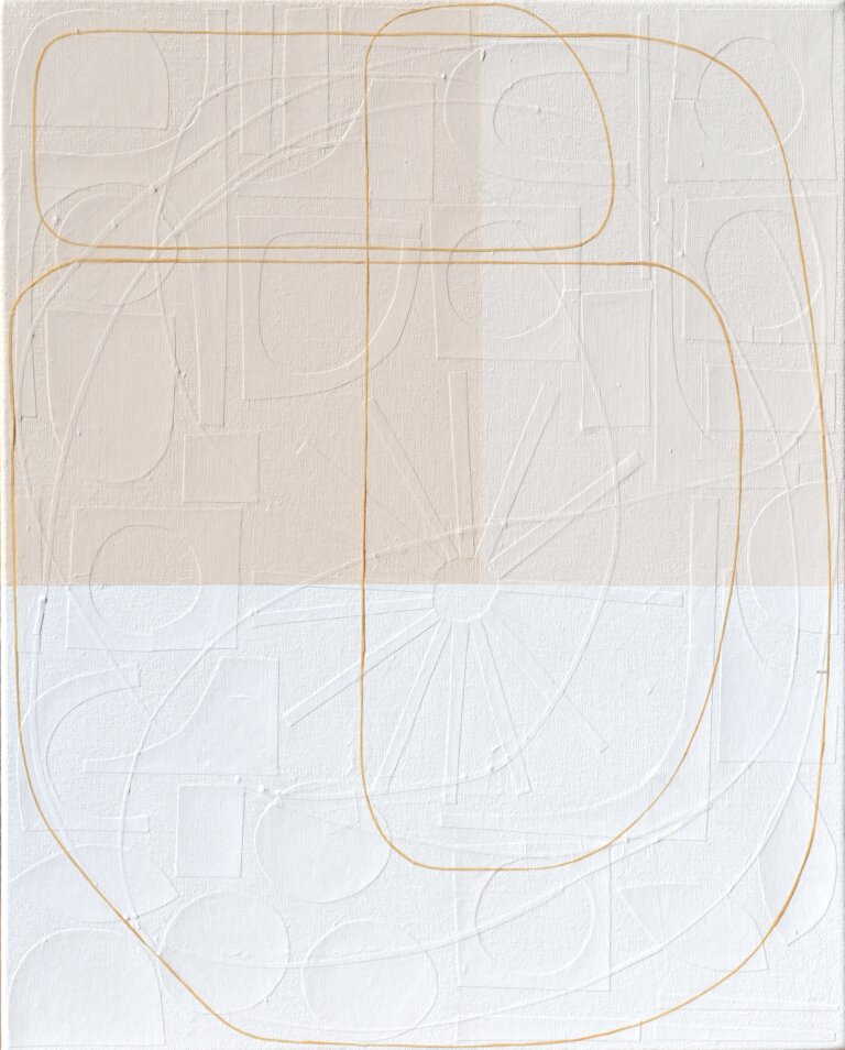 an abstract mixed media piece on canvas. the top half of the piece is a soft orange, and the bottom half is a cream color. there is a thin line in tangerine that snakes its way across the piece. On the surface, this canvas appears as though it consists of lines that form abstract shapes, atop geometrically straight rectangles, all applied by the stroke of a paintbrush. However, as you step forward the lines of these shapes disconnect from the canvas and you notice each was placed on by hand: using hand-cut, extremely fine thin strips of paper masterfully layered upon the canvas. Moreover, once this realisation sets in, you suddenly become aware of an entirely new layer of texture. Different hand-cut shapes of paper adhere to the canvas before any painting takes place. Creating a degree of texture and depth to delightfully unexpected.