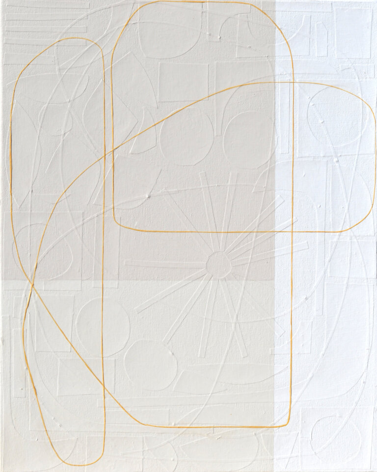 an abstract mixed media piece on canvas. the left two thirds of the piece are a soft warm beige, and the left third is offwhite. there is a thin line in tangerine that snakes its way across the piece. On the surface, this canvas appears as though it consists of lines that form abstract shapes, atop geometrically straight rectangles, all applied by the stroke of a paintbrush. However, as you step forward the lines of these shapes disconnect from the canvas and you notice each was placed on by hand: using hand-cut, extremely fine thin strips of paper masterfully layered upon the canvas. Moreover, once this realisation sets in, you suddenly become aware of an entirely new layer of texture. Different hand-cut shapes of paper adhere to the canvas before any painting takes place. Creating a degree of texture and depth to delightfully unexpected.