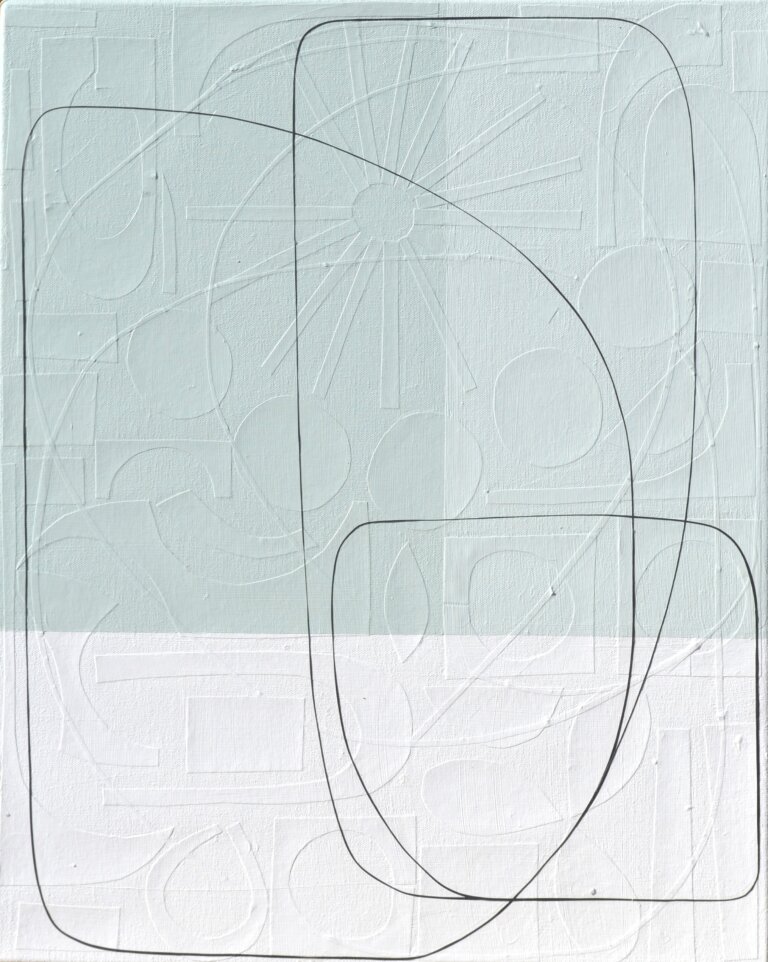 an abstract mixed media piece on canvas. the top 2/3 of the piece is a soft mint, and the top half is offwhite. there is a thin line in black that snakes its way across the piece. On the surface, this canvas appears as though it consists of lines that form abstract shapes, atop geometrically straight rectangles, all applied by the stroke of a paintbrush. However, as you step forward the lines of these shapes disconnect from the canvas and you notice each was placed on by hand: using hand-cut, extremely fine thin strips of paper masterfully layered upon the canvas. Moreover, once this realisation sets in, you suddenly become aware of an entirely new layer of texture. Different hand-cut shapes of paper adhere to the canvas before any painting takes place. Creating a degree of texture and depth to delightfully unexpected.