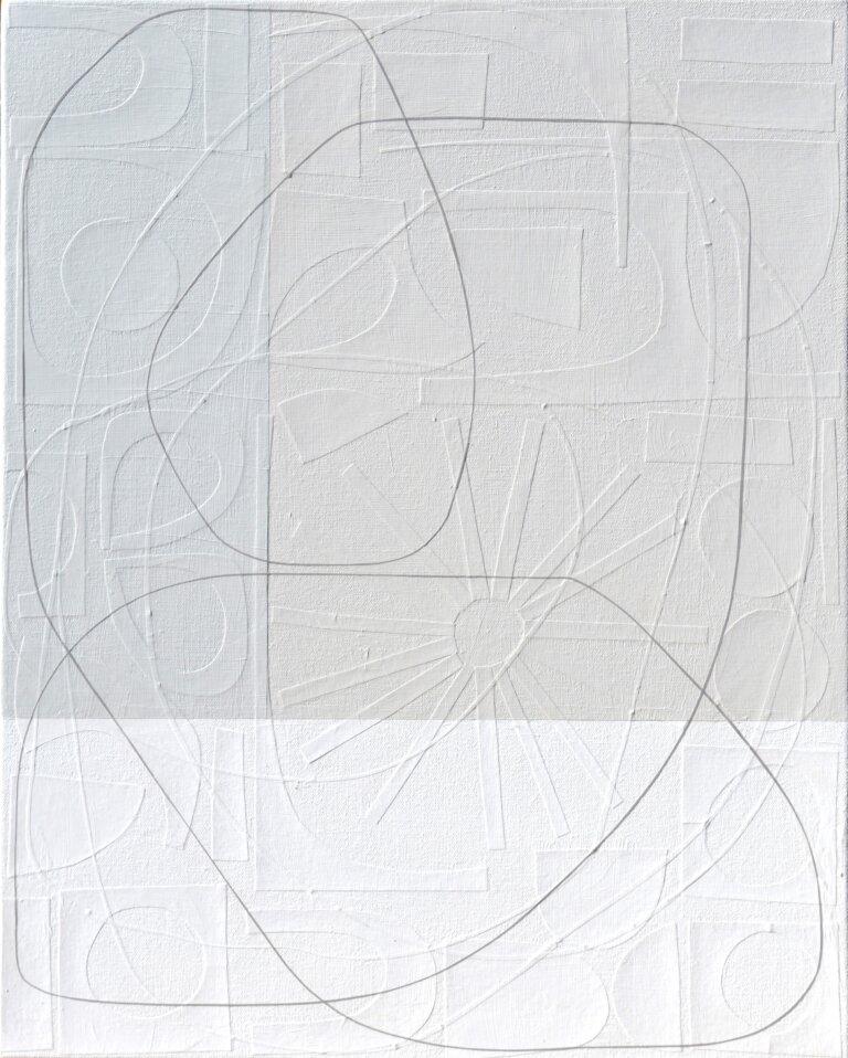 an abstract mixed media piece on canvas. the top half of the piece is a soft taupe, and the bottom half is offwhite. there is a thin line in black that snakes its way across the piece. On the surface, this canvas appears as though it consists of lines that form abstract shapes, atop geometrically straight rectangles, all applied by the stroke of a paintbrush. However, as you step forward the lines of these shapes disconnect from the canvas and you notice each was placed on by hand: using hand-cut, extremely fine thin strips of paper masterfully layered upon the canvas. Moreover, once this realisation sets in, you suddenly become aware of an entirely new layer of texture. Different hand-cut shapes of paper adhere to the canvas before any painting takes place. Creating a degree of texture and depth to delightfully unexpected.