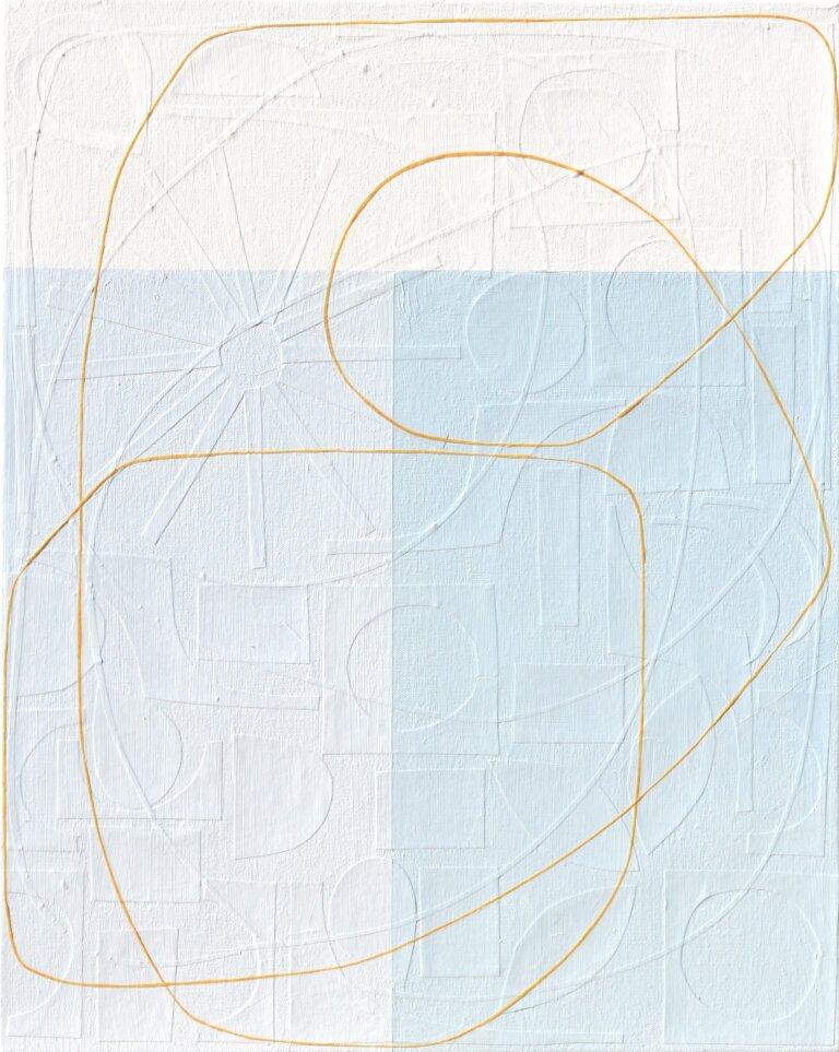 an abstract mixed media piece on canvas. the bottom 3/4 half of the piece is a soft powder blue, and the top 1/4 is white. there is a thin line in tangerine that snakes its way across the piece. On the surface, this canvas appears as though it consists of lines that form abstract shapes, atop geometrically straight rectangles, all applied by the stroke of a paintbrush. However, as you step forward the lines of these shapes disconnect from the canvas and you notice each was placed on by hand: using hand-cut, extremely fine thin strips of paper masterfully layered upon the canvas. Moreover, once this realisation sets in, you suddenly become aware of an entirely new layer of texture. Different hand-cut shapes of paper adhere to the canvas before any painting takes place. Creating a degree of texture and depth to delightfully unexpected.