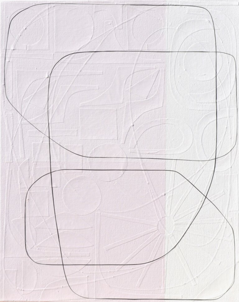 an abstract mixed media piece on canvas. the left 2/3 of the piece is a soft lilac pink, and the right 1/3 is white. there is a thin line in black that snakes its way across the piece. On the surface, this canvas appears as though it consists of lines that form abstract shapes, atop geometrically straight rectangles, all applied by the stroke of a paintbrush. However, as you step forward the lines of these shapes disconnect from the canvas and you notice each was placed on by hand: using hand-cut, extremely fine thin strips of paper masterfully layered upon the canvas. Moreover, once this realisation sets in, you suddenly become aware of an entirely new layer of texture. Different hand-cut shapes of paper adhere to the canvas before any painting takes place. Creating a degree of texture and depth to delightfully unexpected.