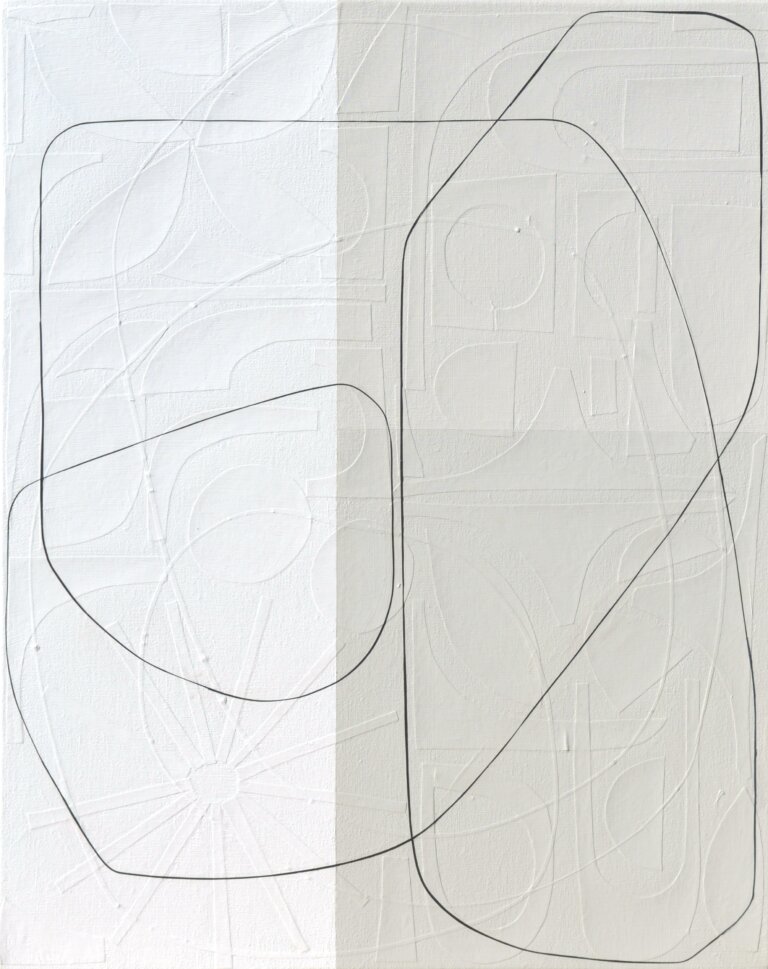 an abstract mixed media piece on canvas. the right half of the piece is a soft taupe, and the left half is white. there is a thin line in black that snakes its way across the piece. On the surface, this canvas appears as though it consists of lines that form abstract shapes, atop geometrically straight rectangles, all applied by the stroke of a paintbrush. However, as you step forward the lines of these shapes disconnect from the canvas and you notice each was placed on by hand: using hand-cut, extremely fine thin strips of paper masterfully layered upon the canvas. Moreover, once this realisation sets in, you suddenly become aware of an entirely new layer of texture. Different hand-cut shapes of paper adhere to the canvas before any painting takes place. Creating a degree of texture and depth to delightfully unexpected.