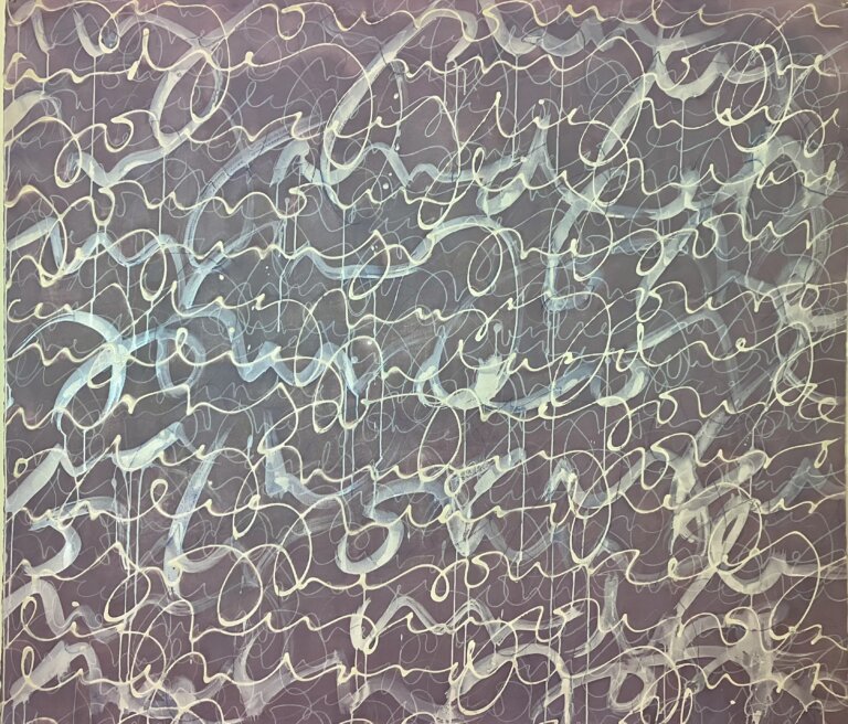 Mixed media on rice paper, endless loops and scrolls in soft grays and lilac and cream on a gray background