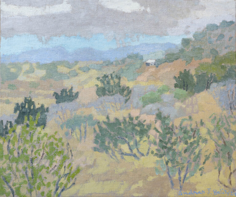an abstract landscape of hills and foliage under a blue sky with gray clouds. there are periwinkle colored mountains in the distance. the foreground is covered with different bushes and low brambly trees. the trees and bushes are painted in sage greens, olive, gray, tawny, and tan. there is a small gray house with a white roof in the distance