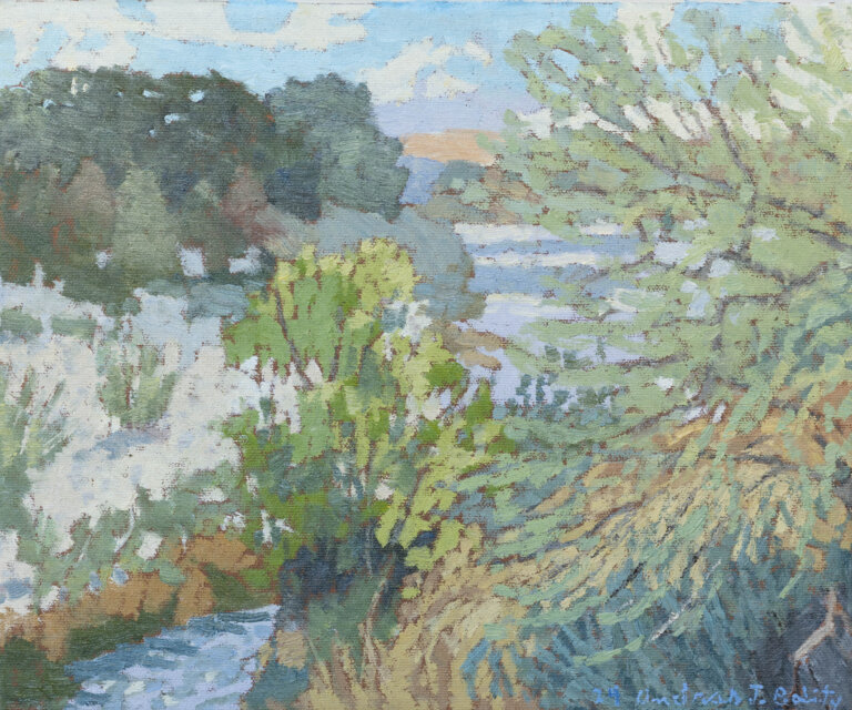 an abstract painting showing a river by a riverbank. there are bushes and trees along the river painted in soft sage and olive greens. there is a light blue sky above with soft cream colored clouds