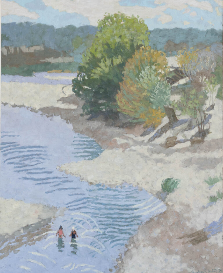 a plein air landscape depicting the dos rios river flowing between two river banks. there are trees on the right river bank, and hills and trees in the distance under a blue sky and white fluffy clouds. there are two figures wading in the water.