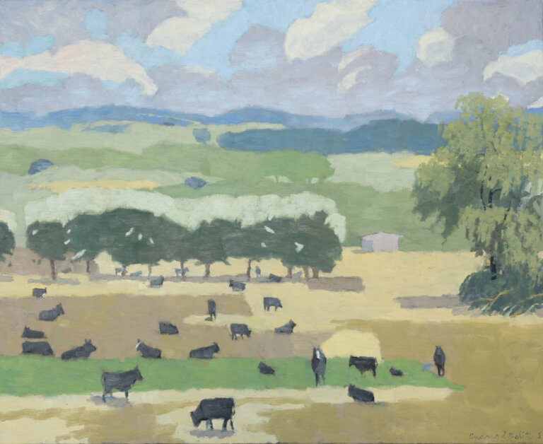 a landscape painted plein air of an open field with scattered trees and hills in the distance under a light blue sky and grey and white clouds. there are black cows scattered over the field grazing.