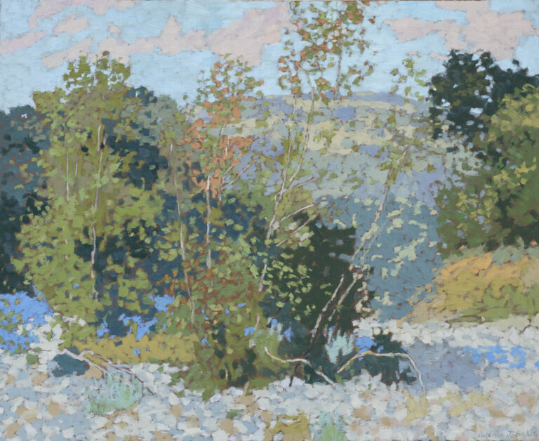 a landscape painted plein air of water flowing across the painting. on the other side of the water are many branches of trees and bushes in varying shades of green and brown. the sky above is a pale cyan with scattered light gray clouds