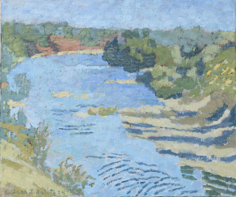 a landscape painted plein air of a river flowing through countryside. the riverbanks are covered with trees in different shades of sage and olive green. the sky above is a soft blue, which is reflected in the river below.