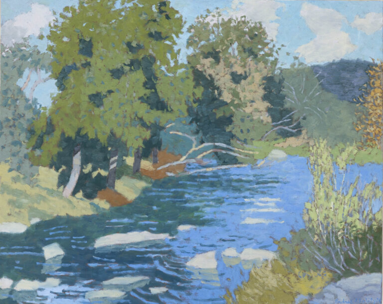 a landscape painted plein air of a river painted in sky blue and turquoise. there are trees and bushes along each side of the river painted in sage, olive, tawny, and forest green. the river has jagged light gray rocks in it. the sky above is light cyan with white and cream colored clouds scattered throughout