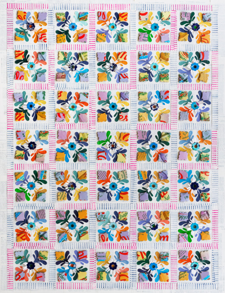 an abstract collage made up of 35 squares neatly arranged in 7 rows of 5. each square is painted in a mirrored pattern that is vaguely floral, with a defined flower in the center. the space between the squares is lined with light blue and bright pink lines that are perpendicular to the edge of the squares. the colors of the piece are lilac, orange, yellow, bright blue, lime green, and orchid. the arrangement of the squares reminisces a quilt, which yields the title "flower quilt II"