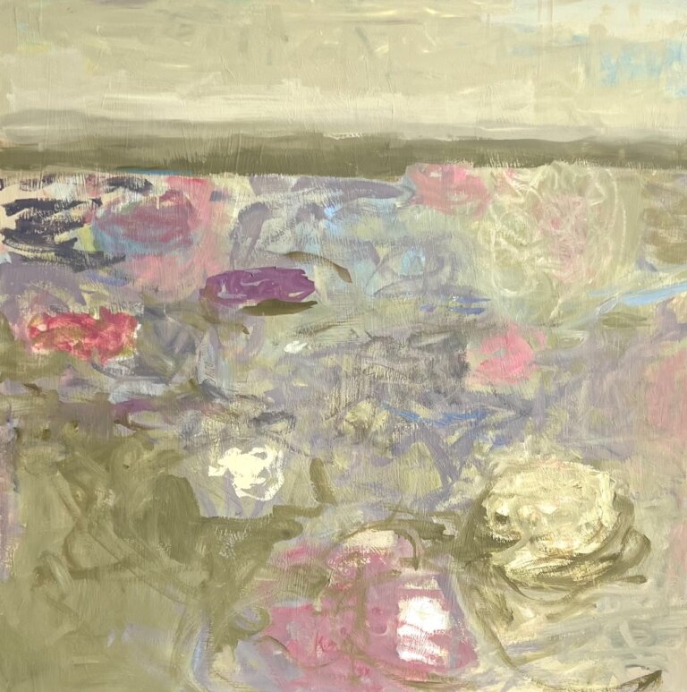 an abstract landscape piece with a roughly floral pink, mauve, sage, olive, and cream colored foreground. there is a sort of horizon line in the distance marked by a shift from the floral brushstrokes to a thin strip of olive green across the painting. above this is a cream colored sky. there are bits of pale blue paint that show through from underneath the top layer of the painting