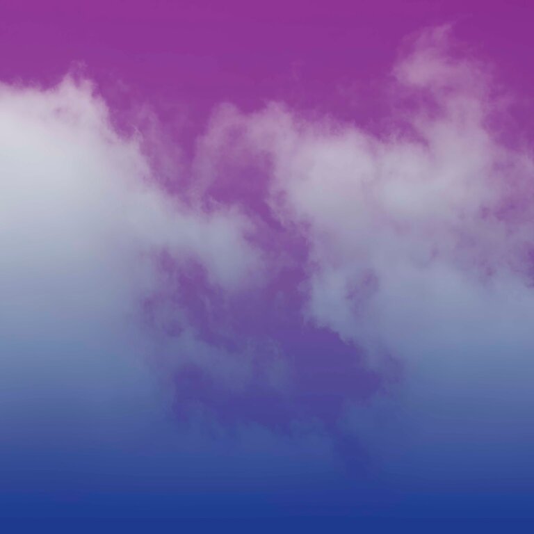 a photographic print of a wispy cirrus clouds. there is a gradient of magenta at the top to a deep violet cobalt at the bottom.