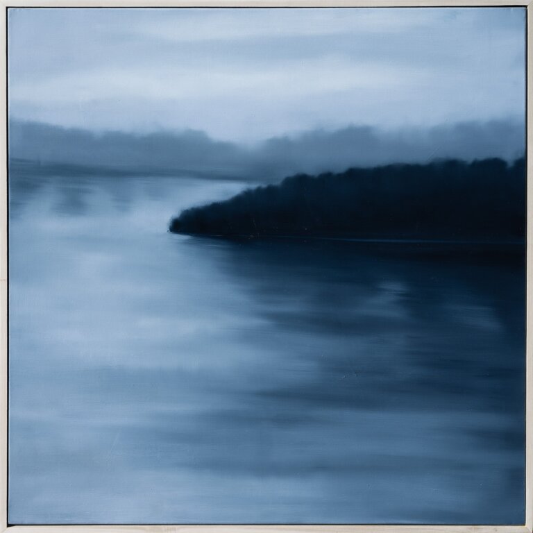an abstract landscape painted in payne's gray and deep blue shades. there is a small peninsula on water with fog and mist swirling above the water. the sky is overcast.