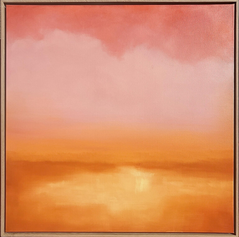 an abstract art piece showing a brightly colored sunset over water. the sky at the top is a bright coral that fades into a bubblegum pink then tangerine as it nears the horizon. the land is hazy and painted in bright orange. the water is lighter orange and has light reflecting on its surface