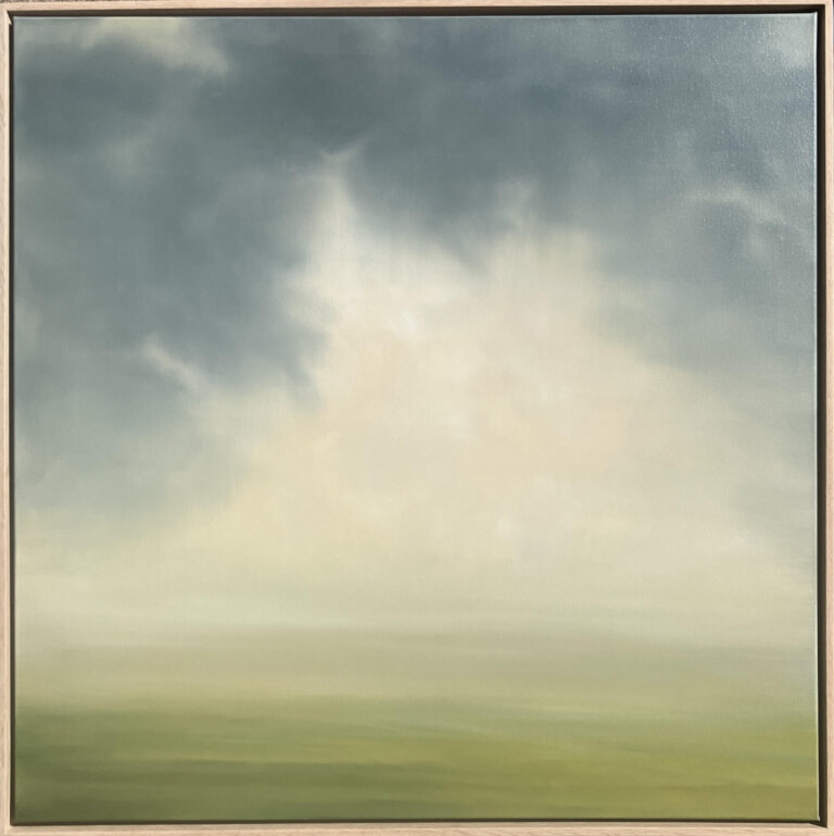 an abstract landscape with grey clouds against a cream colored sky above a soft green field. the horizon line is hazy, and there is not a clear divide between ground and sky