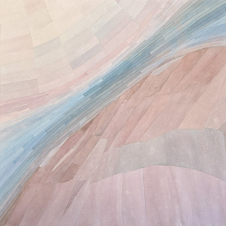 an abstract layered art piece that has a geological feel. the pieces move together in a soft swell. the colors are an ombre of soft peach, pink, stone gray, pale blue, and taupe