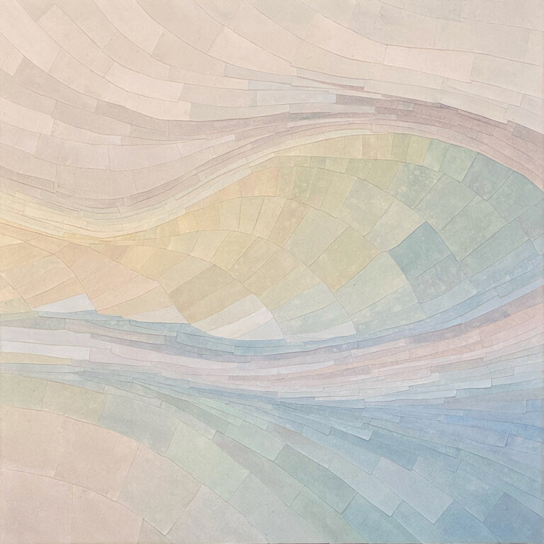 an abstract layered art piece that has a geological feel. the pieces move together in a soft swell. the colors are an ombre of light green, blues, pale yellows, soft peach, taupe, and mauve