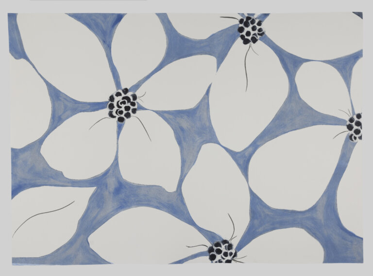 white floral shapes with large flat petals against a powder blue background. the flowers are arranged so that they do not touch each other. they have indigo dotted centers.