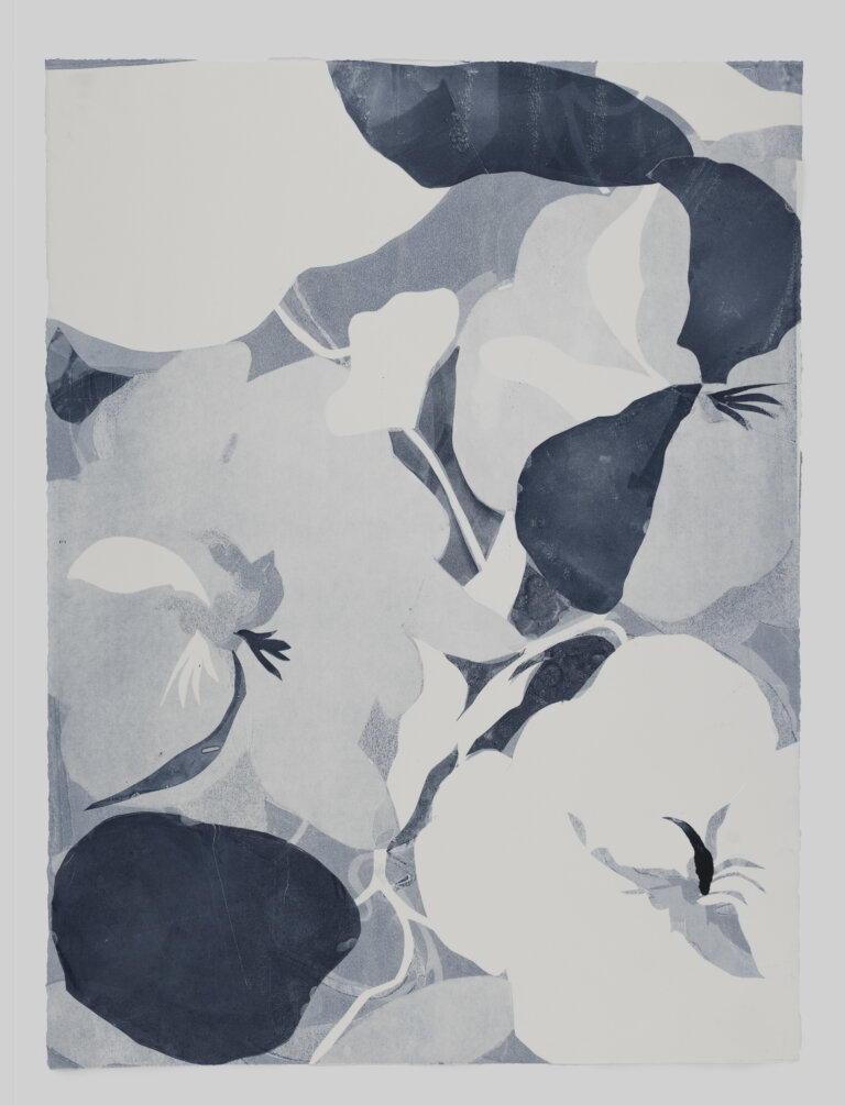 many layered nasturtium flowers in shades of pale blue, indigo, and white